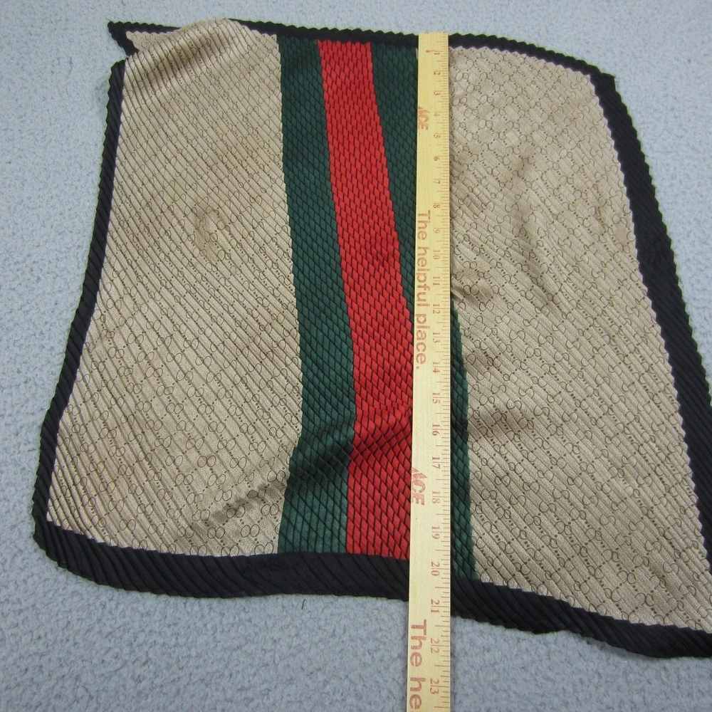Womens Scrarf  Silky Square Tan Monogram Pleated Green Red Stripe Gold Slide